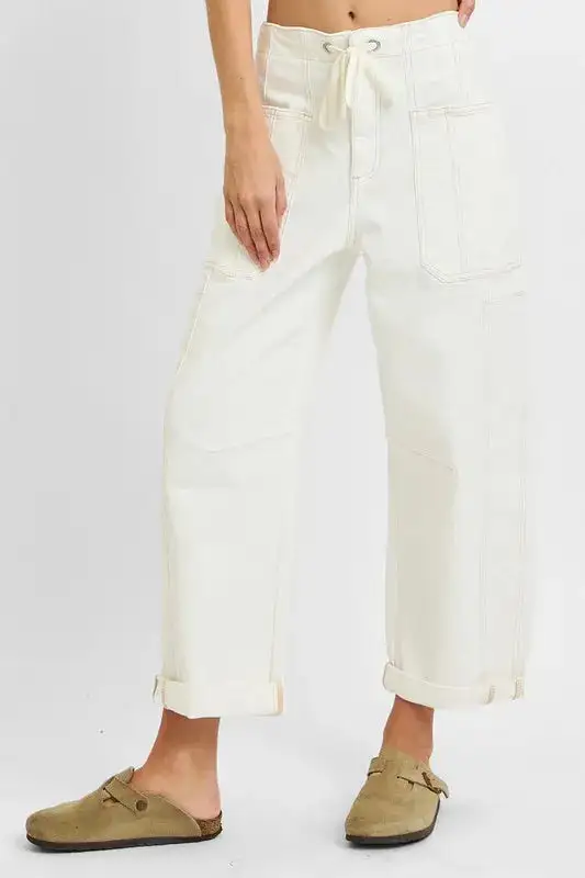 High-Rise Barrel-Leg Cropped Washed Straight Leg Jeans