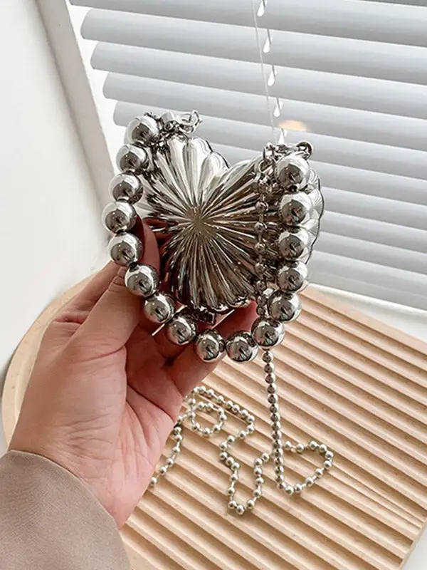 Beaded Heart Shape Pleated Shiny Bag Crossbody Bag Handbag