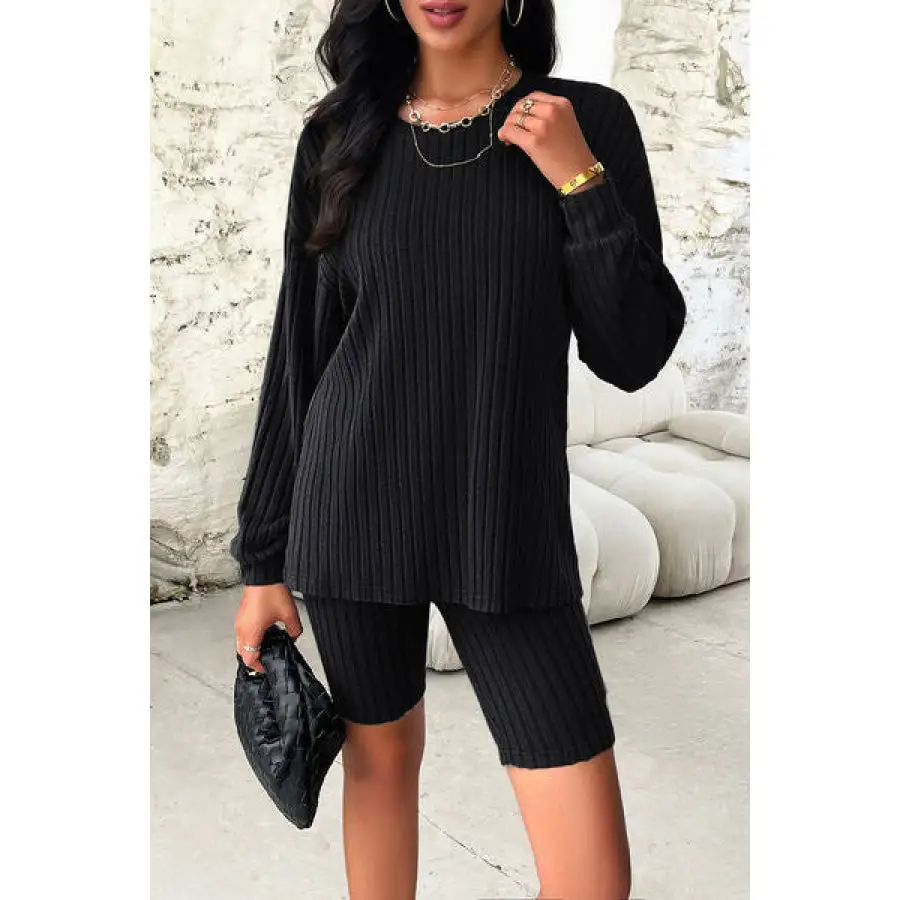 Ribbed Round Neck Dropped Shoulder Top and Shorts Set