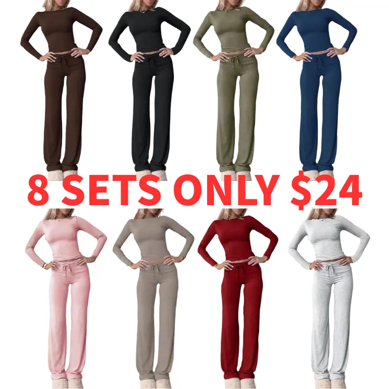 Women's Solid Color Long Sleeve Crop Tee & High-Waisted Drawstring Pants Set, Casual Everyday Slim Fit Outfit for Fall & Winter Seasons