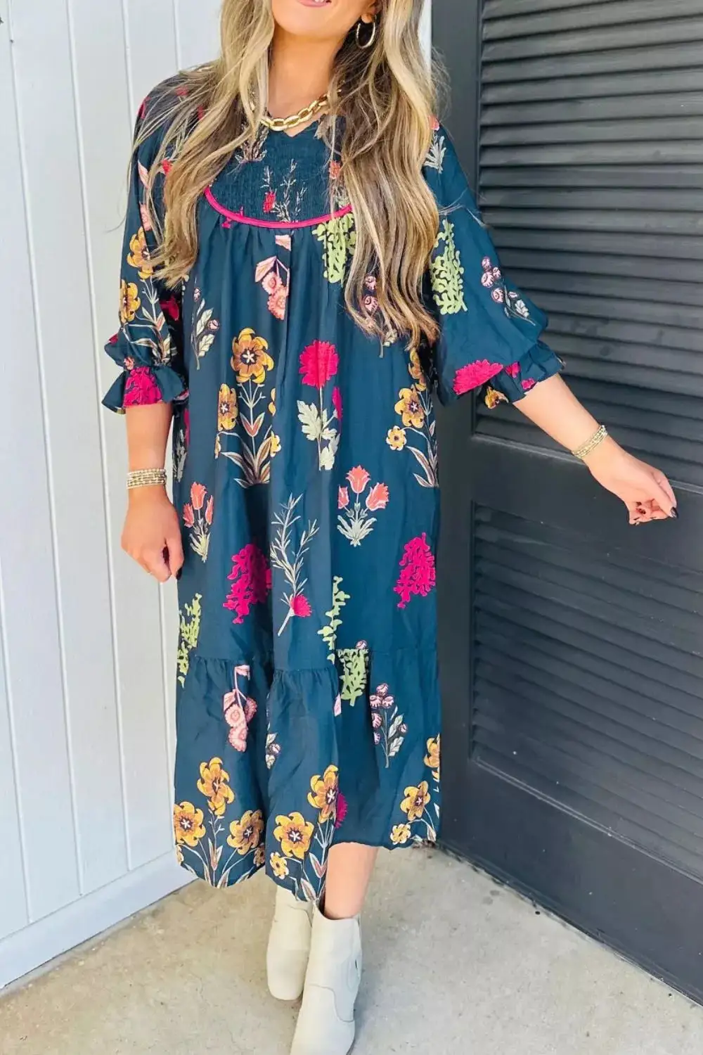 Print Gathered Neckline Sleeve Casual Midi Dress