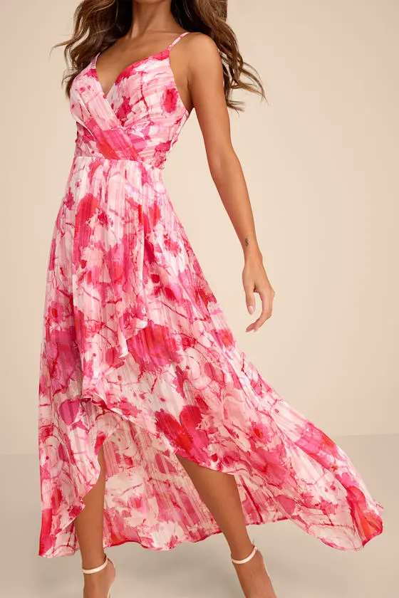 An Enchanting Dream Pink Multi Print High-Low Maxi Dress