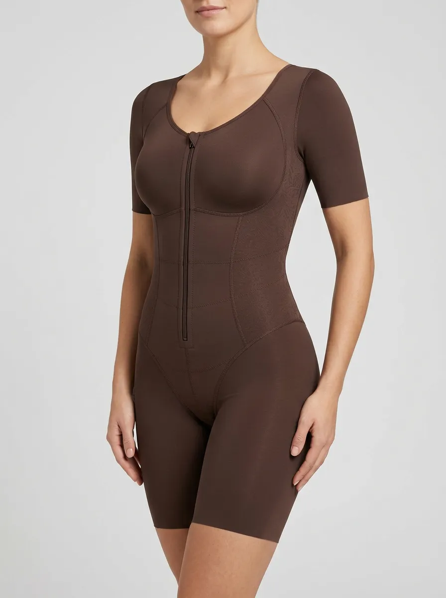 Women's Tummy Control Brown Zip-Front Short Sleeve Bodysuit Shapewear