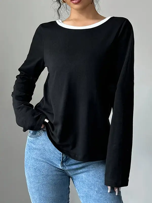Long Sleeve Relaxed Bowknot Cutout Split Back Panel Detail Round Neck T-Shirt