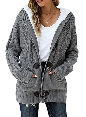 Womens 2025 Winter Hooded Cardigans Button Up Cable Knit Sweater Coat Outerwear with Pockets