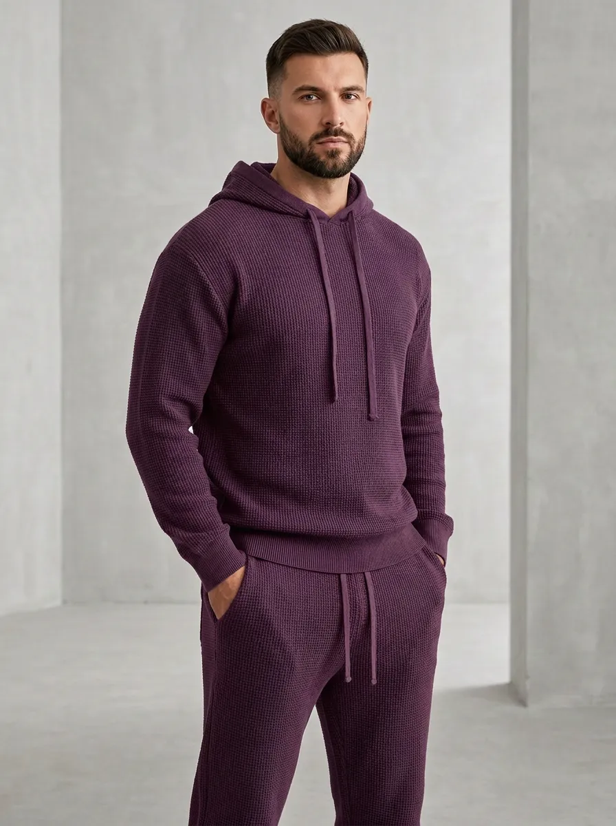 Waffle-Knit Hooded Minimal Men's Knit Hoodie Jogger Set