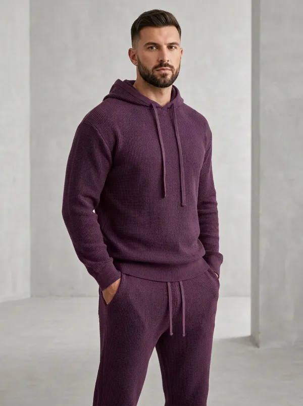 Waffle-Knit Hooded Minimal Men's Knit Hoodie Jogger Set