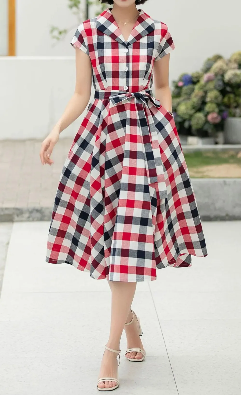 Plaid Linen Cotton Fit And Flare A Line V Neck Midi Dress