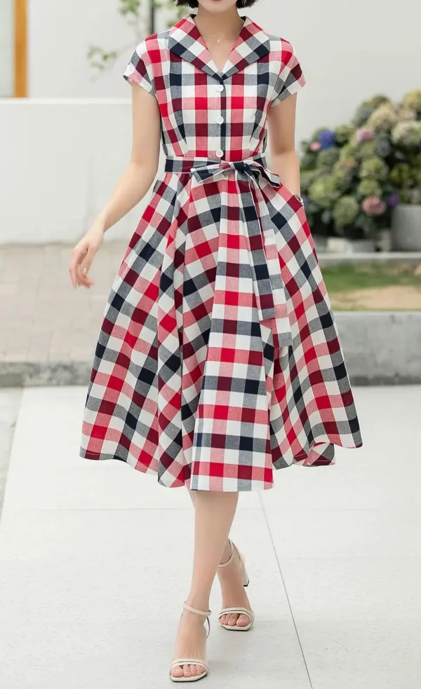 Plaid Linen Cotton Fit And Flare A Line V Neck Midi Dress