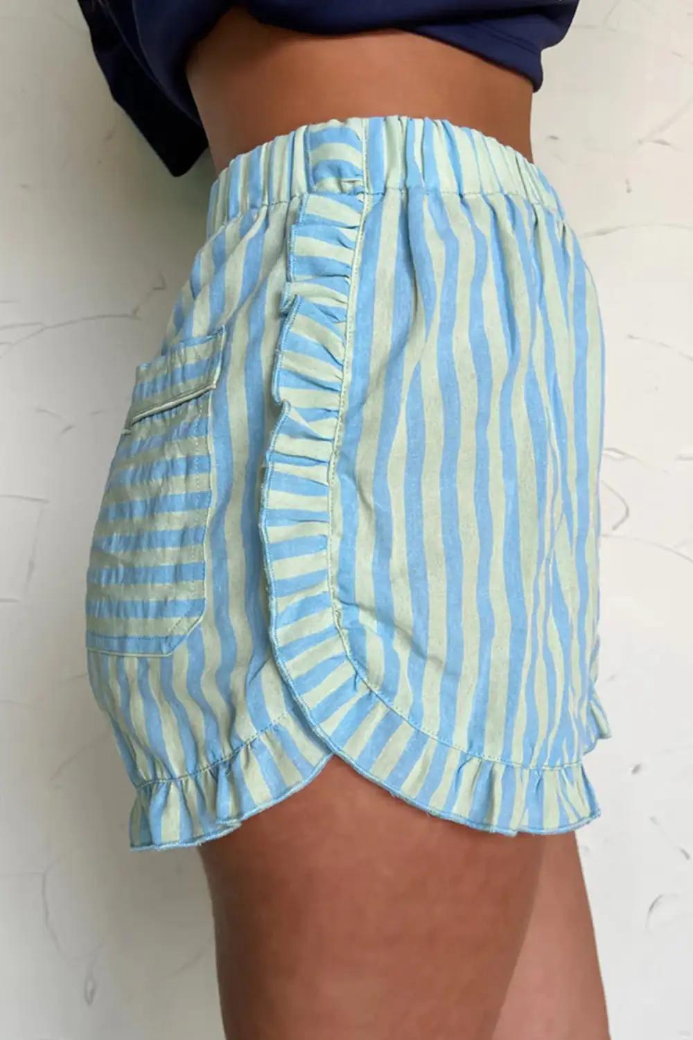 Classic Striped Ruffle Trim Elastic Waist Casual Shorts
