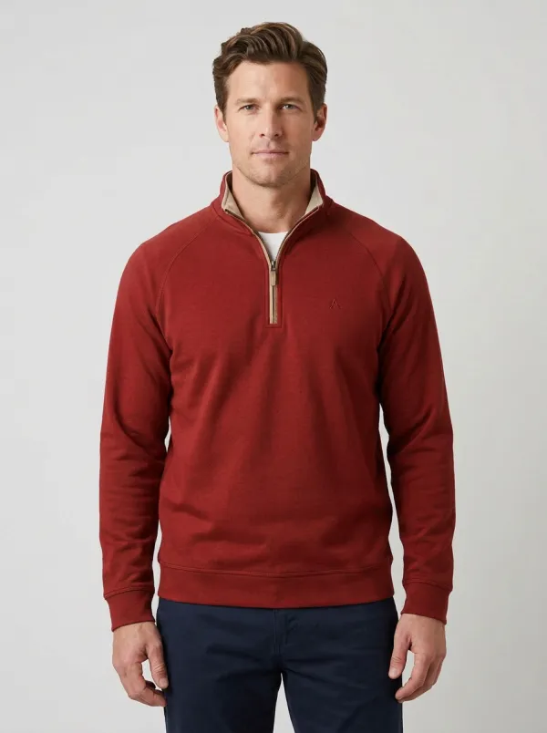 Men's Classic Minimalist Contrast-Trim Textured Raglan Embroidered Emblem Quarter-Zip Sweatshirt