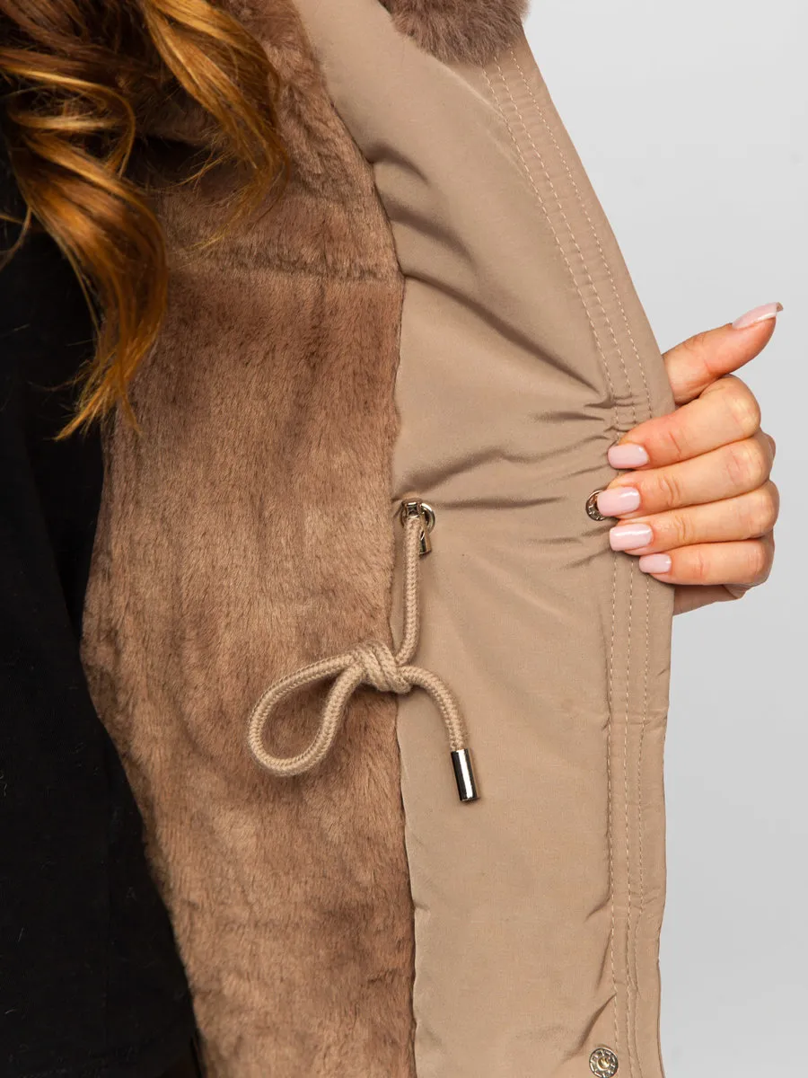 Beige women's winter parka jacket with hood