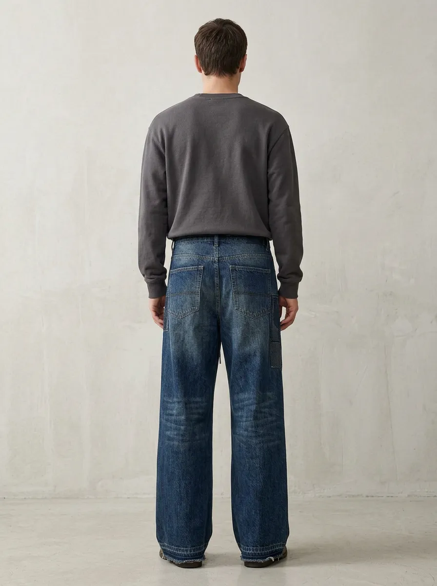 Men's Loose Fit Jeans with Wide Leg Patchwork Distressed Finish Vintage-Inspired