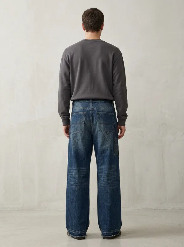 Men's Loose Fit Jeans with Wide Leg Patchwork Distressed Finish Vintage-Inspired