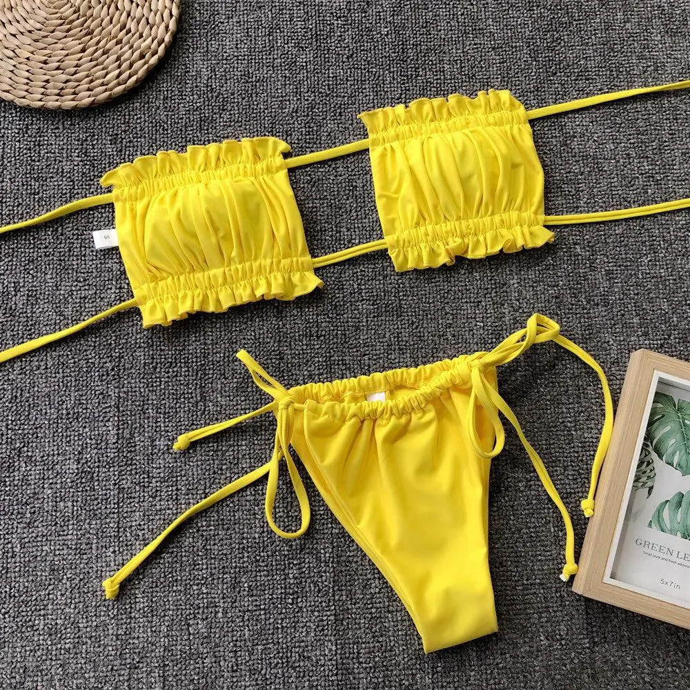 Frill Trim Ruched Bikini Swim Set