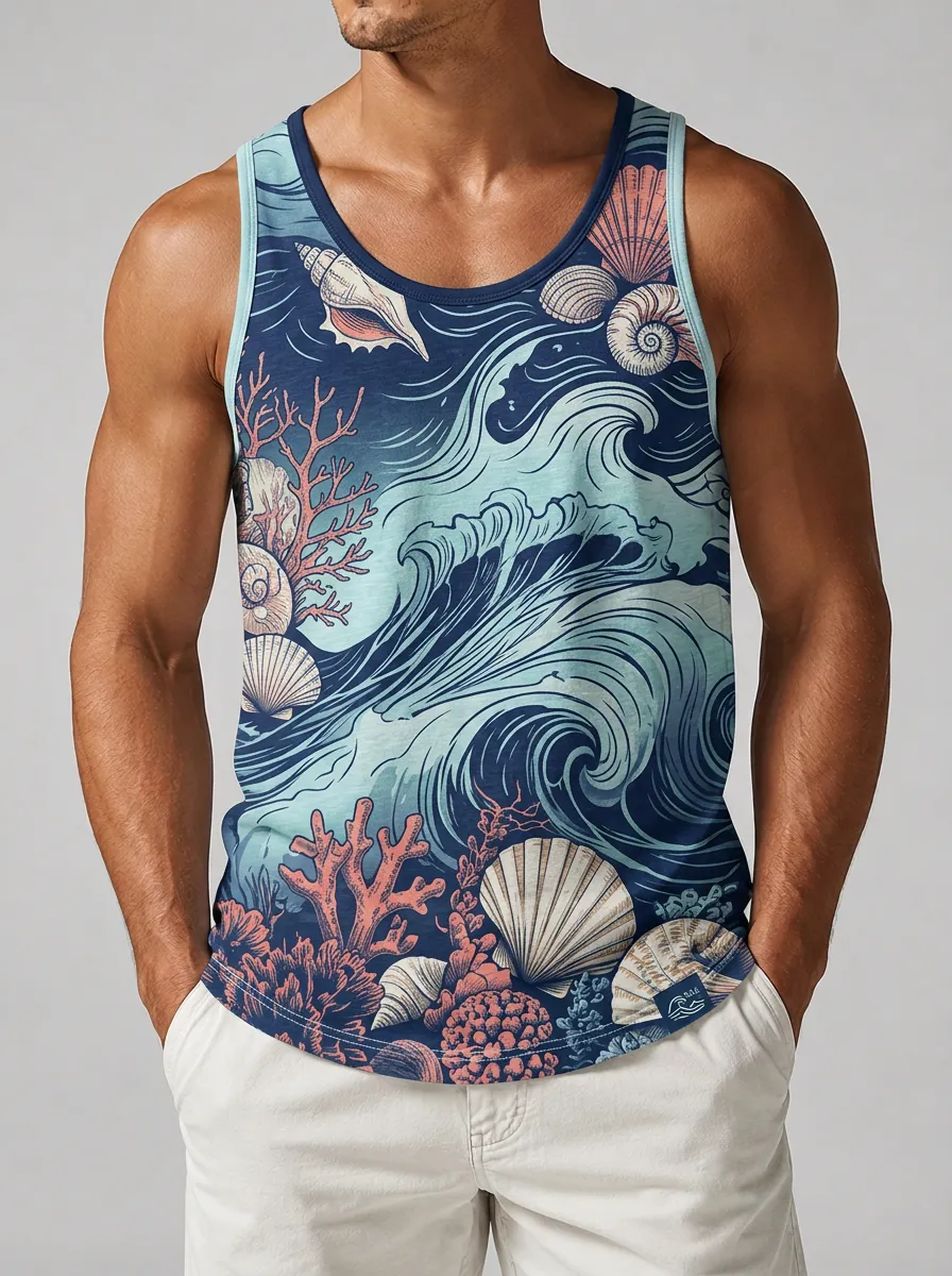 Men's Ocean Beach Lover Seashell Coral Printed Tank Top