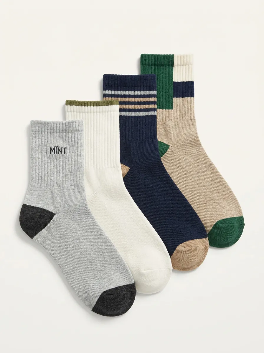 Striped Ribbed Texture Embroidered Detail Crew Length Men's Crew Socks Four-Pair Pack