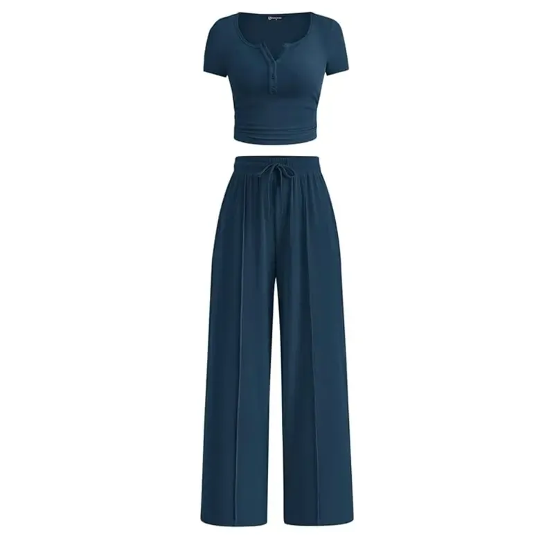 Women's two-piece summer ribbed knit button short-sleeve crop top and wide-leg pants