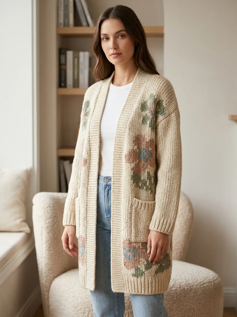 Women's Floral Vintage Flower Print Knit Long Cardigan