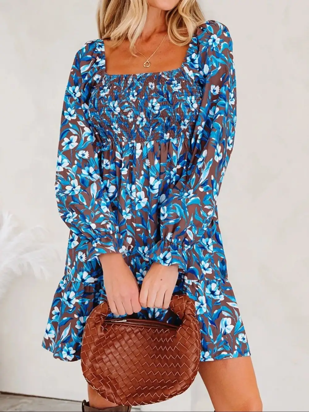 Layered Detail Floral Ruffle Smocked Dress