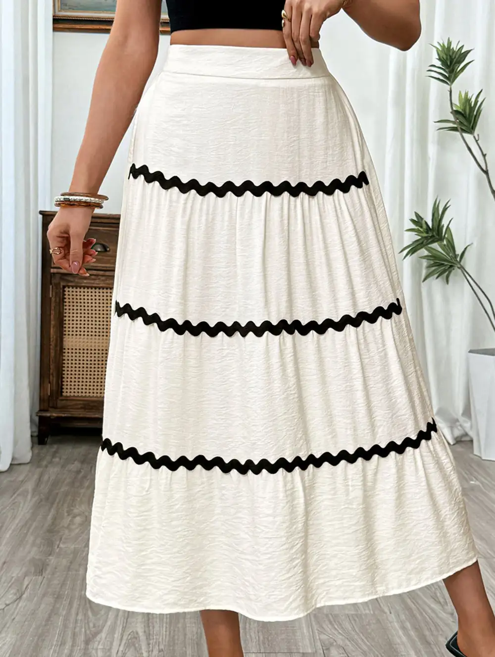 Block Elastic Waist Midi Skirt