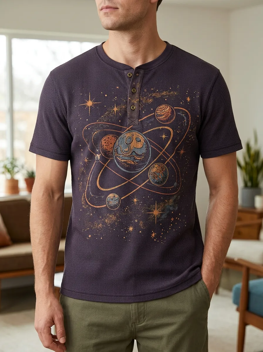 Men's Modern Space Astronomy Solar System Henley T-Shirt