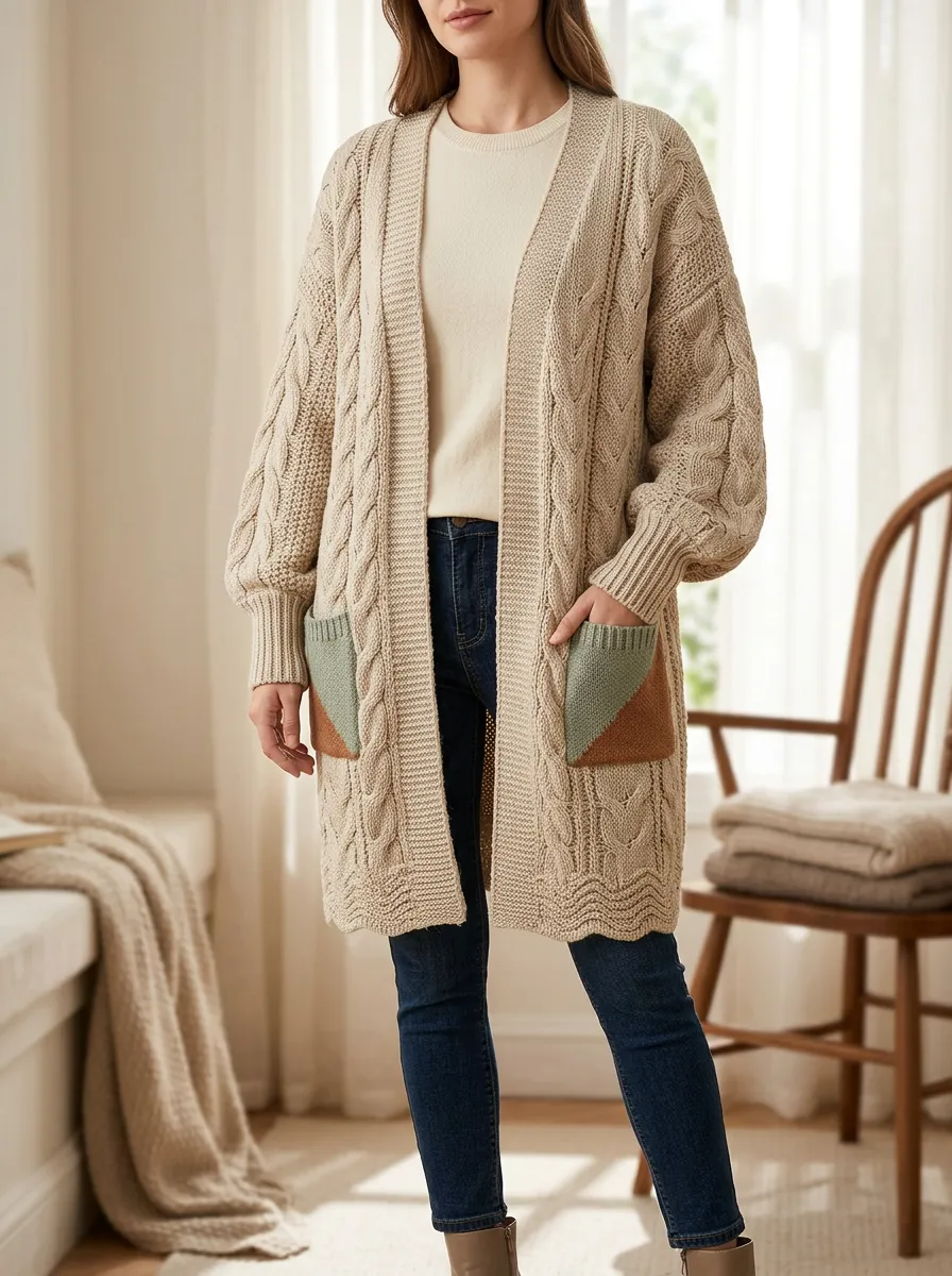 Women's Cable Knit Colorblock Pocket Long Cardigan