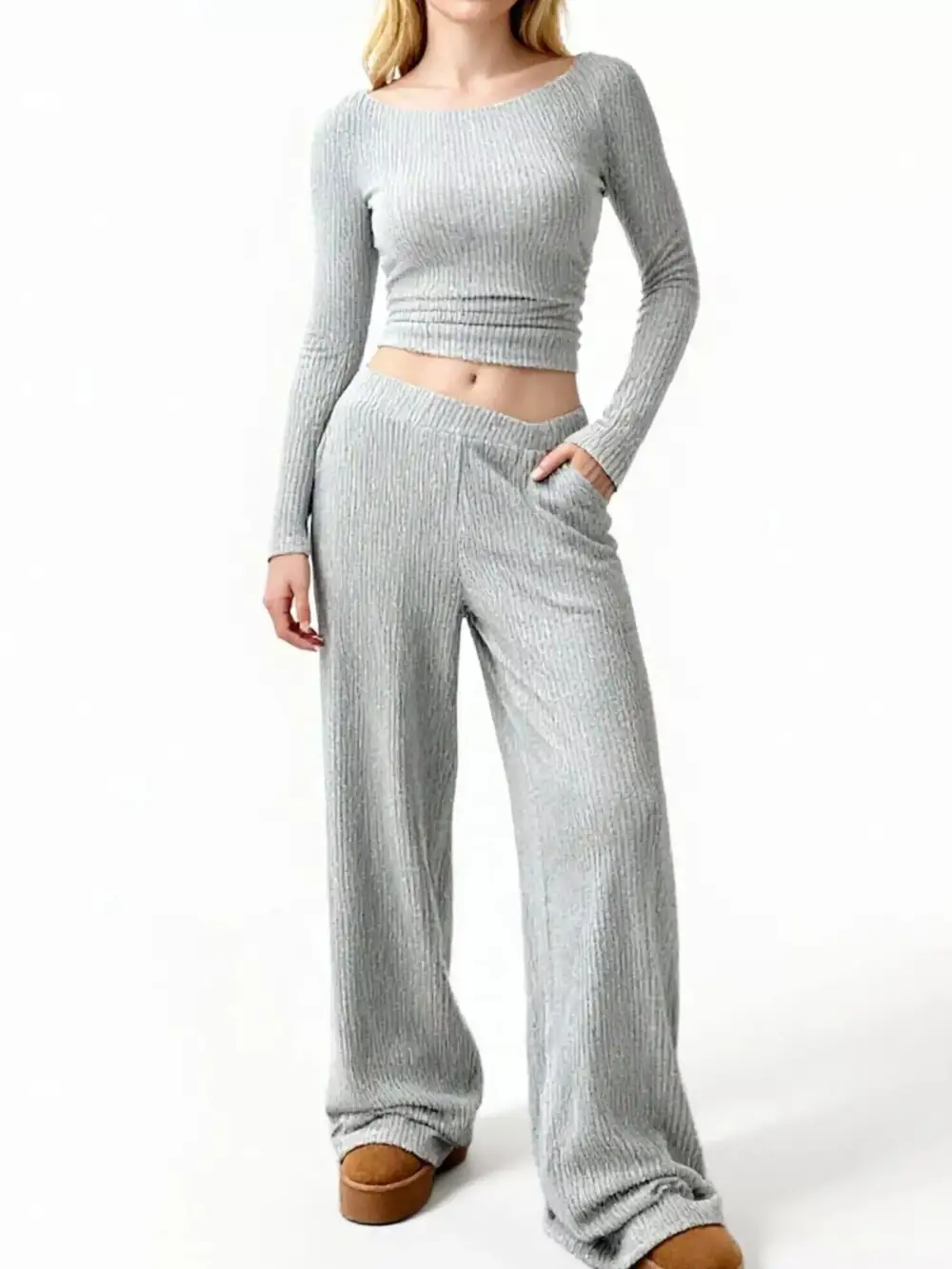 Round Neck Long Sleeve Top and Pants Set
