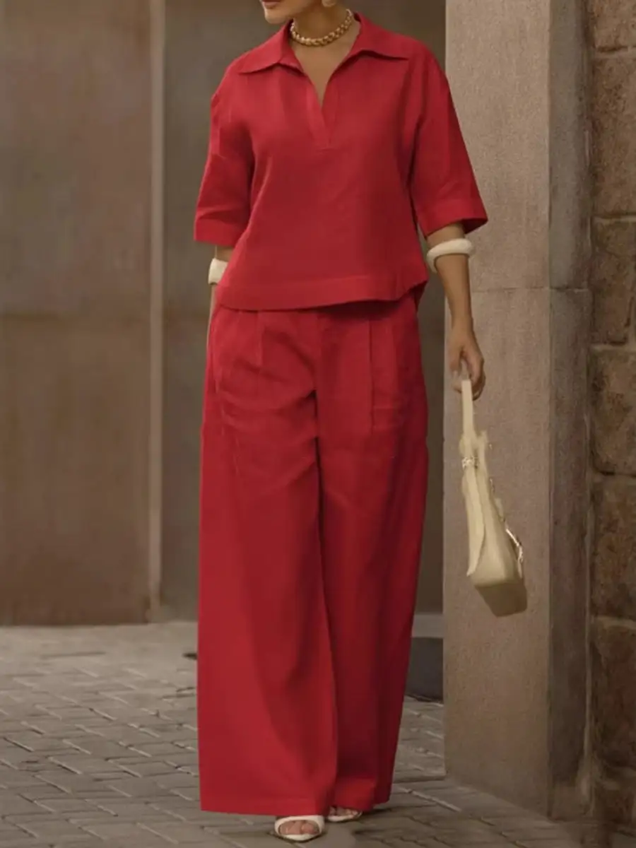 Half Sleeve Lapel Blouse And Pants Set