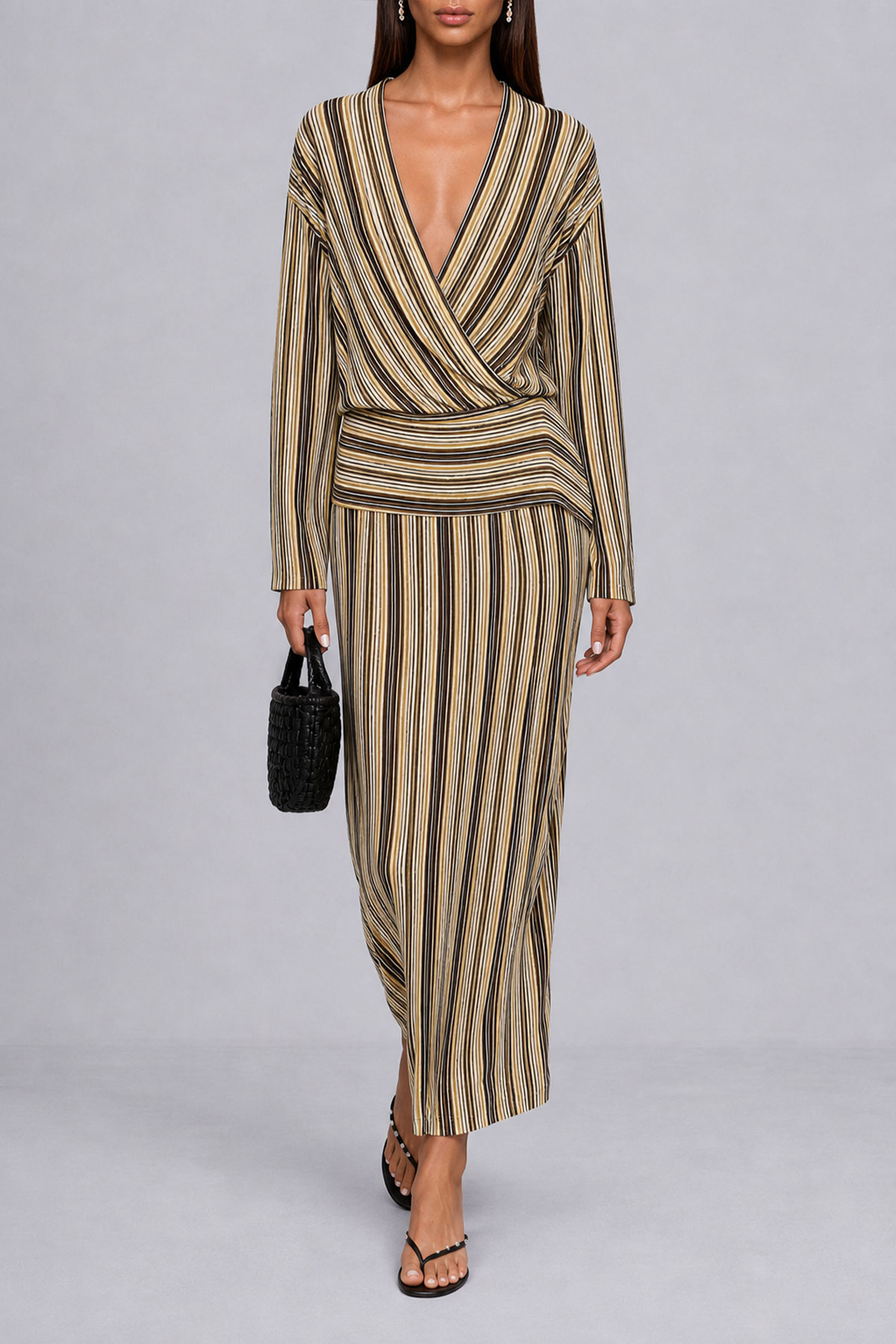 Plunge Neck Striped Midi Dress