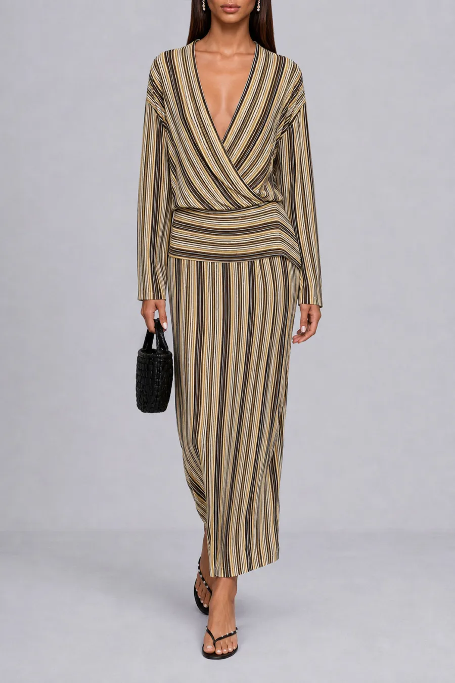 Plunge Neck Striped Midi Dress
