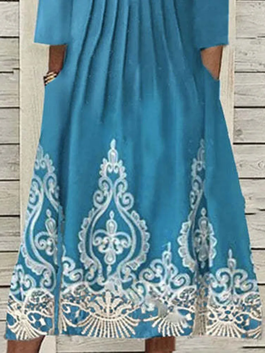 V-neck Casual Loose Vintage Print Short Long Sleeve Midi Dress