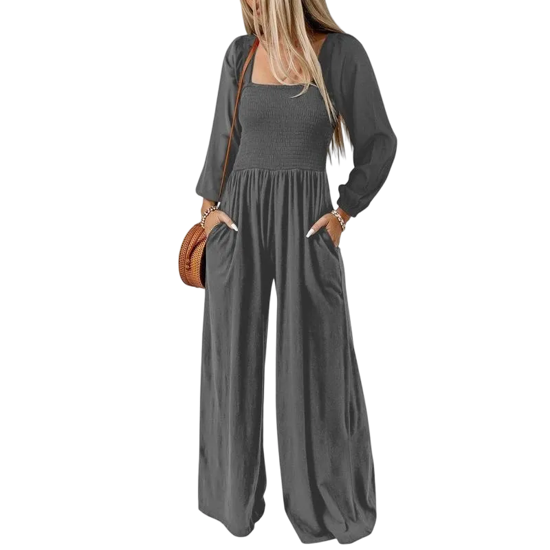 Women's Wide Leg Jumpsuit - Long Sleeve Loose Fit Overalls with Pockets