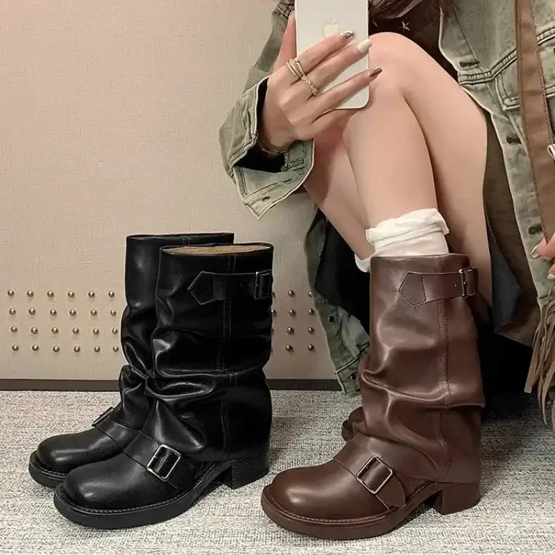 Leather Riding Buckle-Detail Knee-High Boots