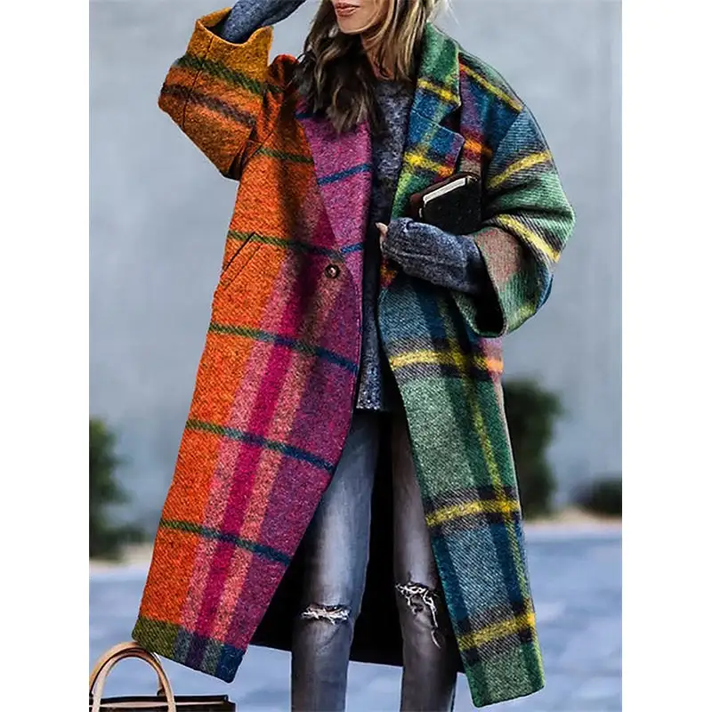 Lapel Plaid Contrast-Panel Wool-Blend Relaxed Outerwear Coat