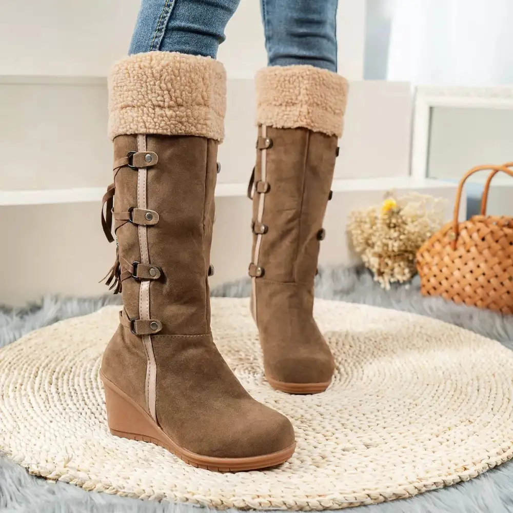 Suede Wedge Boots with Fur Cuff