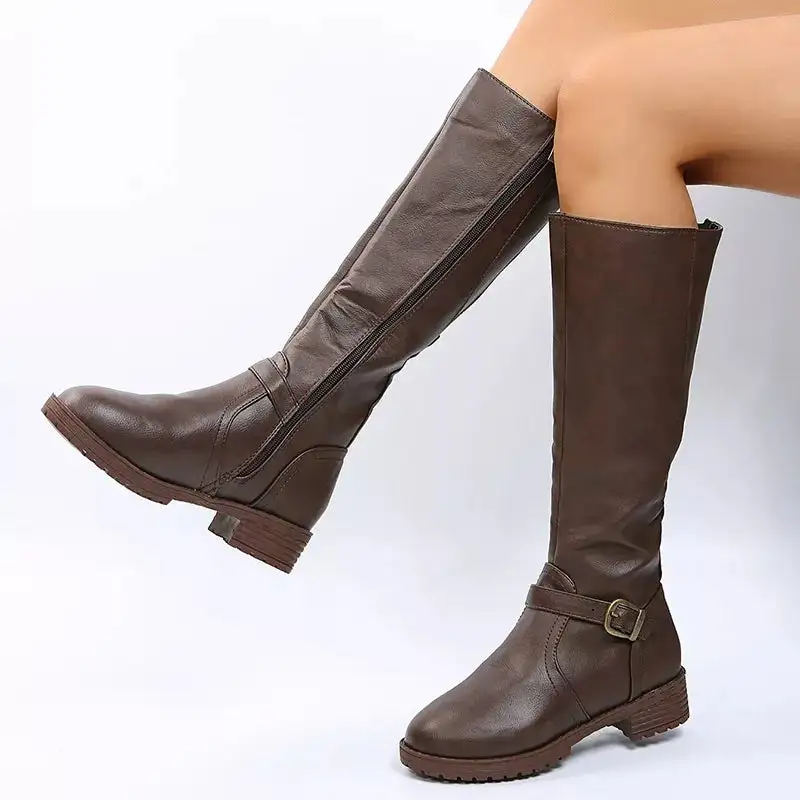 Polished Round Toe Block Heels Boots