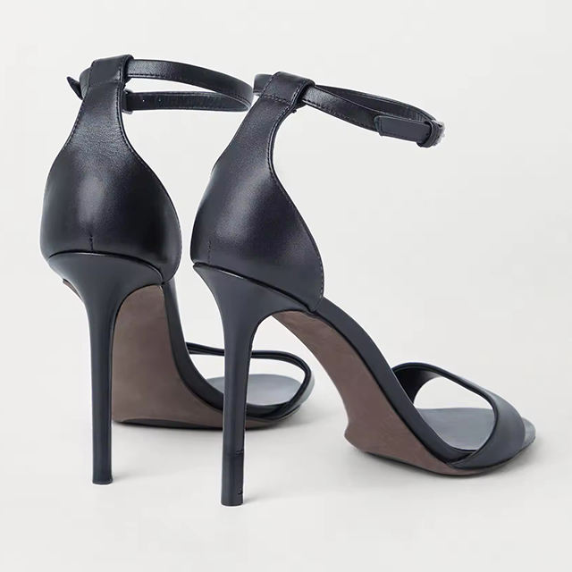 Valeria Black PU Ankle Strap Heels