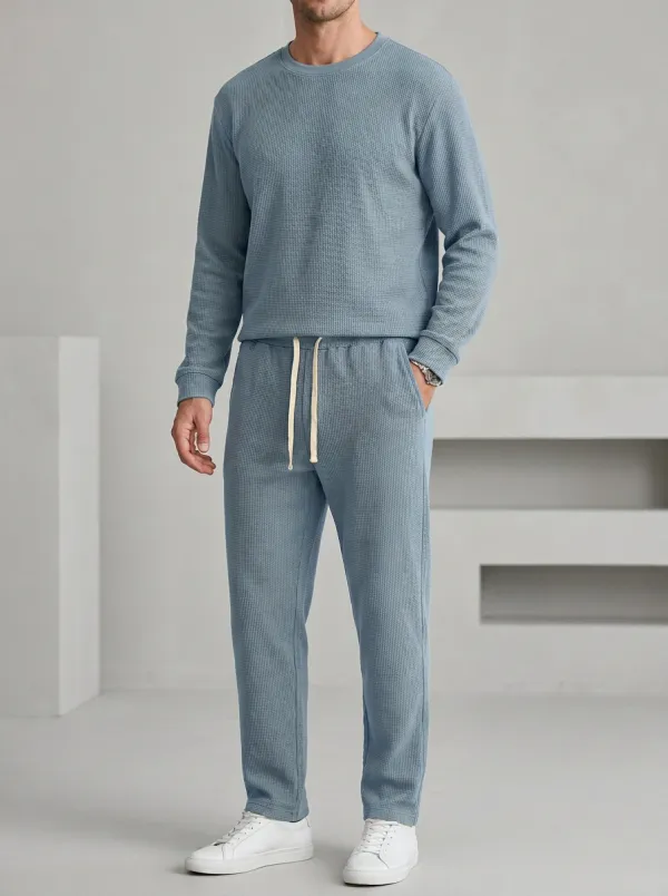 Minimal Waffle Knit Waffle Texture Casual Look Men's Waffle Knit Lounge Set