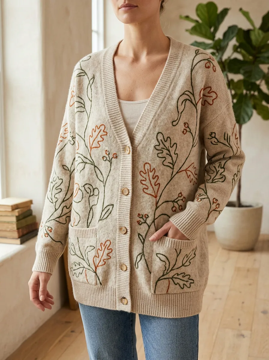 Women's Botanical Nature Lover Oak Leaf Printed Cardigan