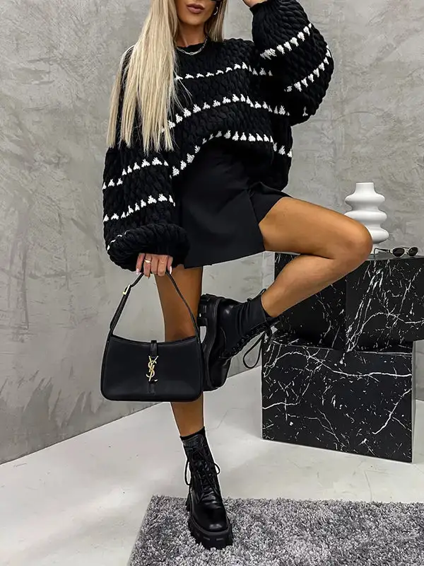 Paneled Round Neck Puff Sleeve Relaxed Fit Sweater