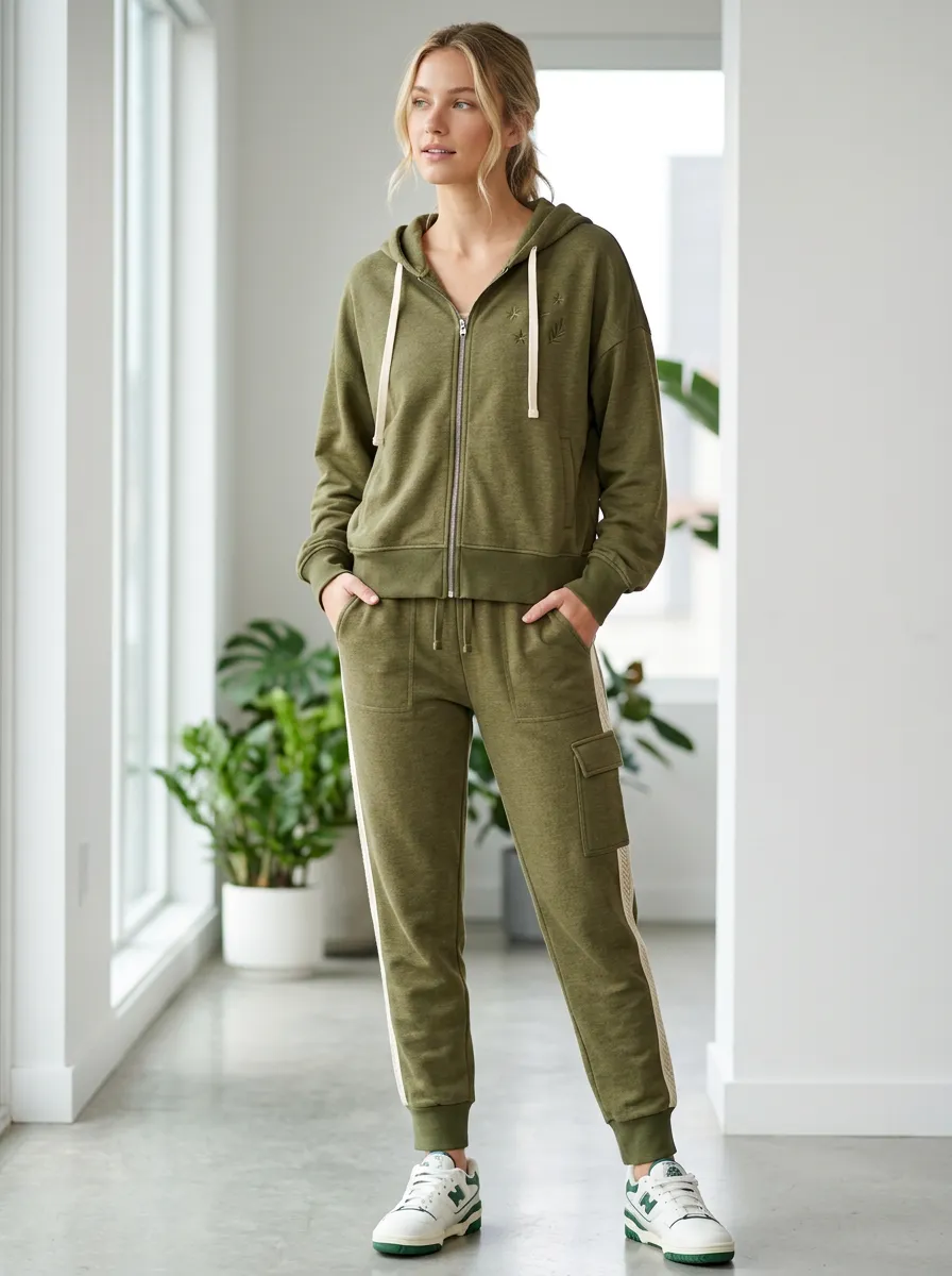 Women's Olive Green Floral Embroidered Zip-up Hoodie Jogger Set