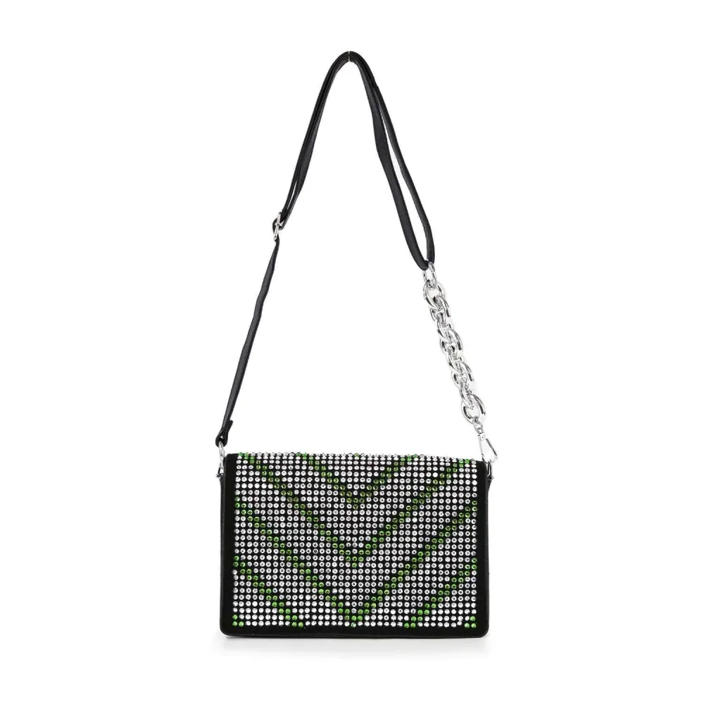 Crystal Accent Beaded Chain Accent Faux Leather Shoulder Bag