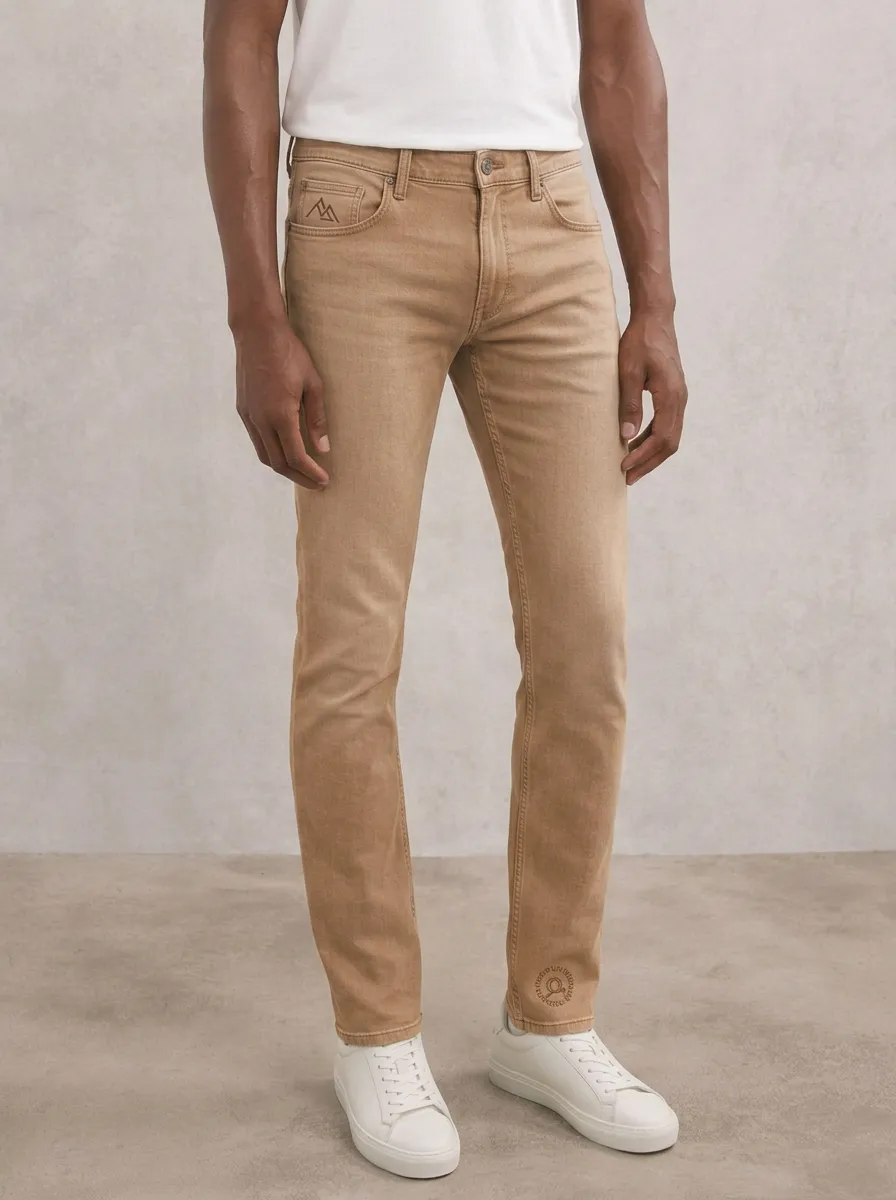 Men's Streamlined Comfort Mountain Logo Embroidered Stretch Denim Jeans