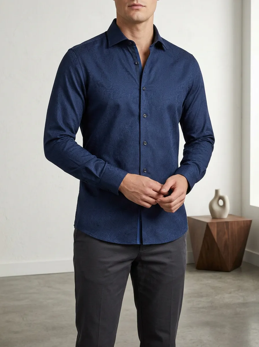 Men's Slim Fit Navy Blue Paisley Printed Button Down Shirt