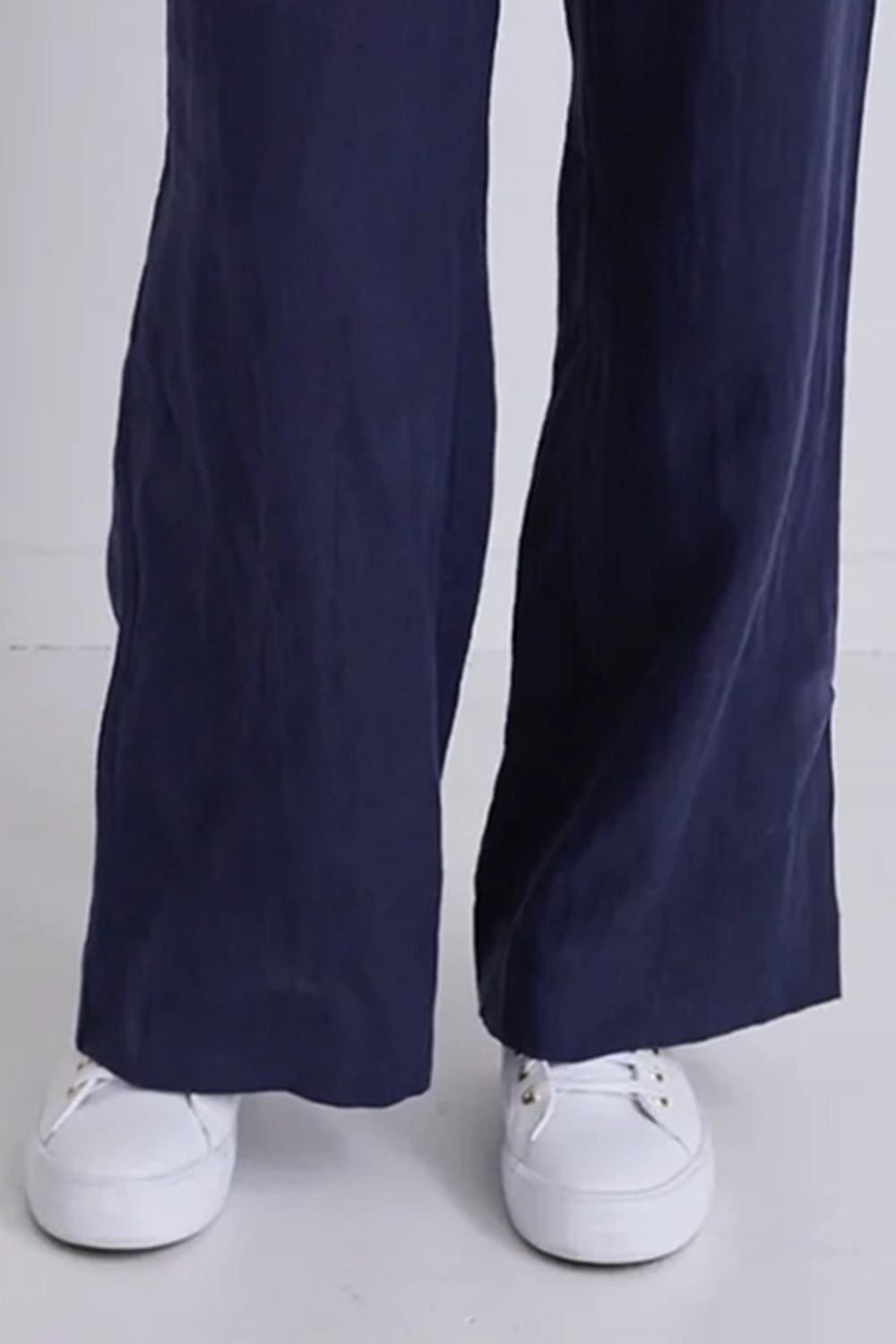 Navy Linen Elastic - Back Wide Pants