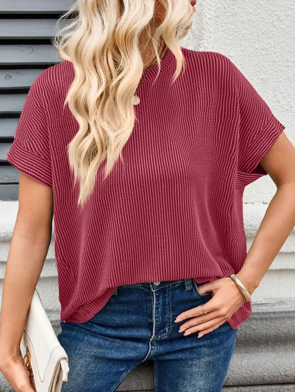Ribbed Knit Crew Neck Tee