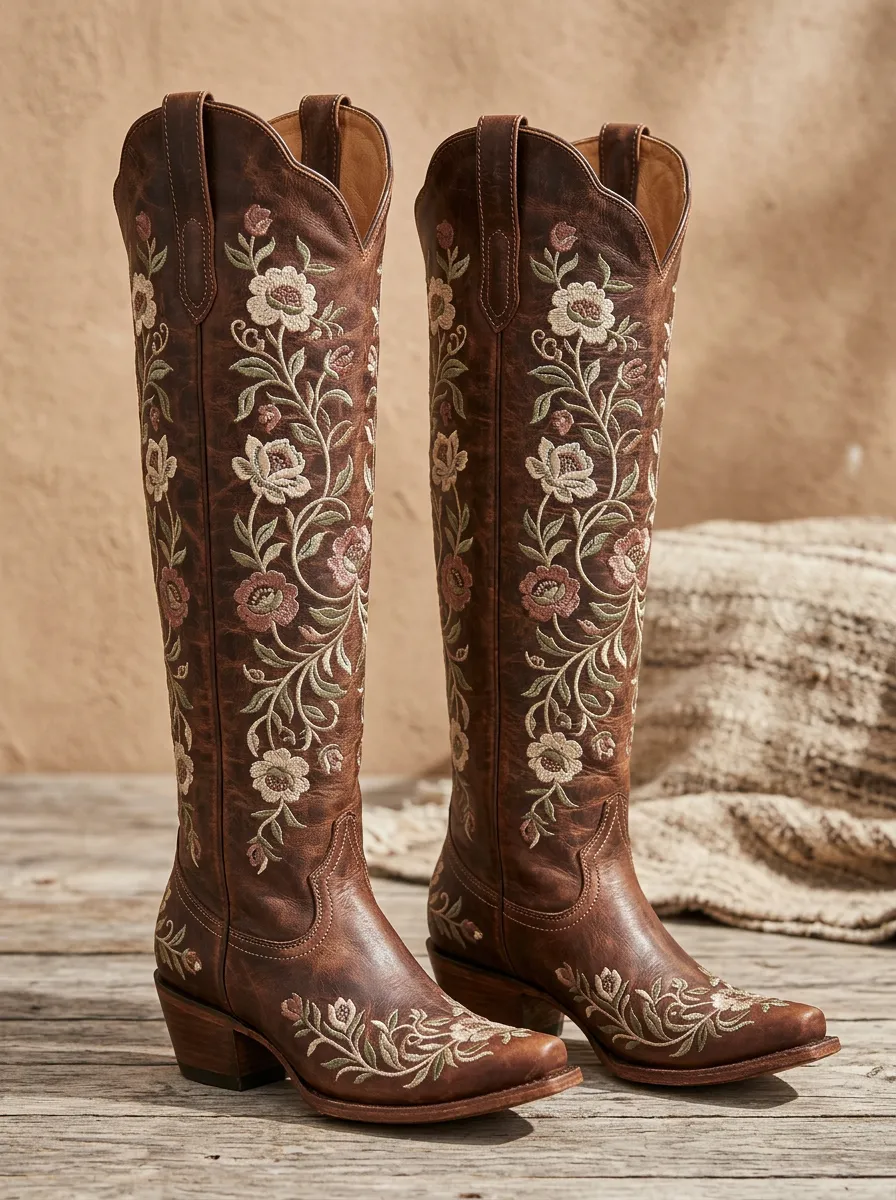 Women's Floral Embroidered Block-Heel Stacked-Heel Pull-On Western Denim Over-the-Knee Boots