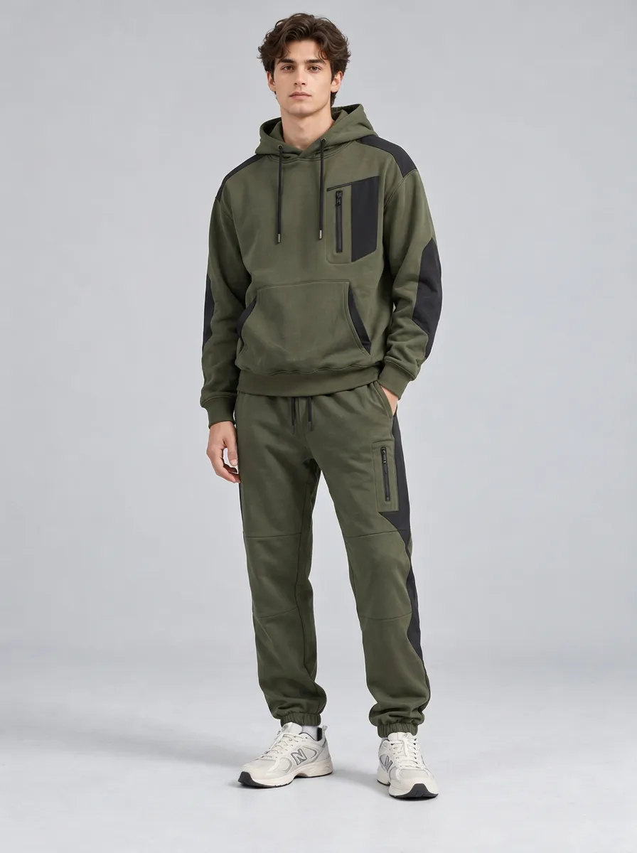 Men's Olive Green Color-Blocked Utility Hoodie and Jogger Set
