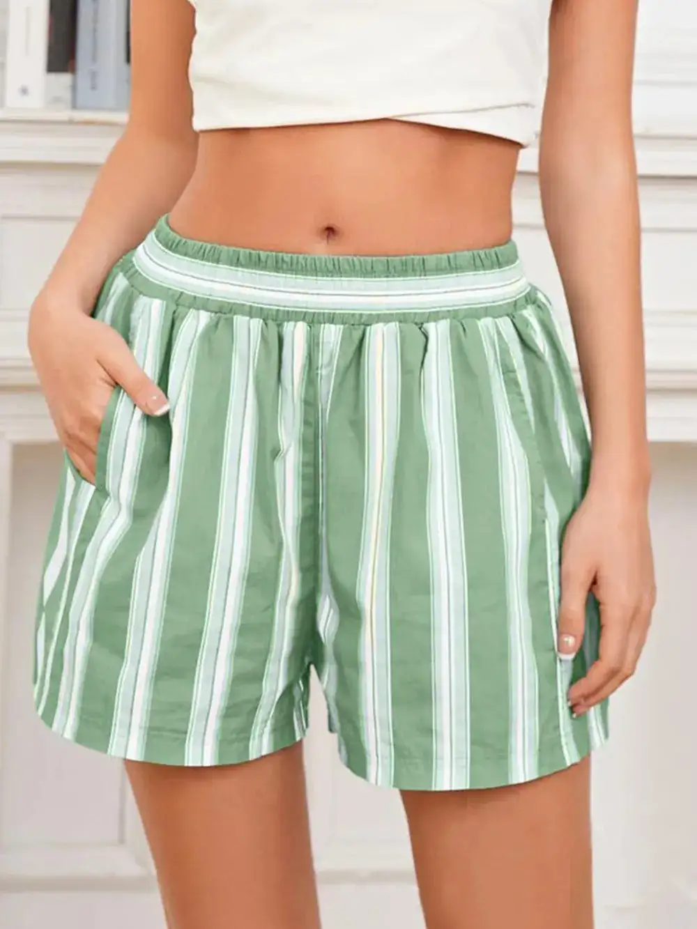Cotton-Blend Striped Elastic Waist Shorts